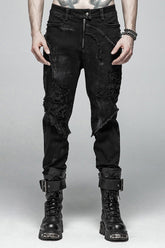 Black Ripped Men's Steampunk Straight-Leg Jeans Pants